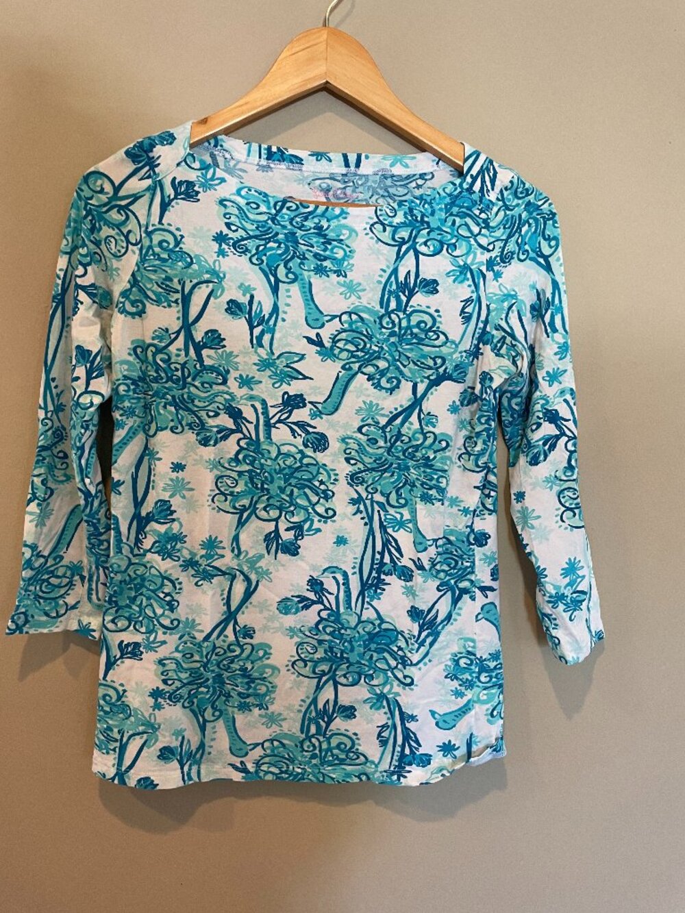 Lilly Pulitzer Boatneck Tee Blue Floral Print 3/4 Sleeve S